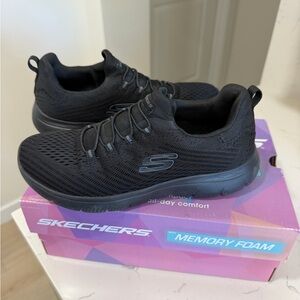 Skechers All-Black Knit Slip-On Memory Foam Sneakers